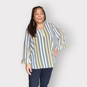 LILY MORGAN WOMENS SIZE LARGE BLACK WHITE AND YELLOW STRIPED BLOUSE